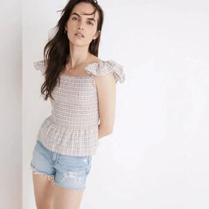 Madewell Seersucker Lucie Smocked Peplum Top in Rainbow Plaid